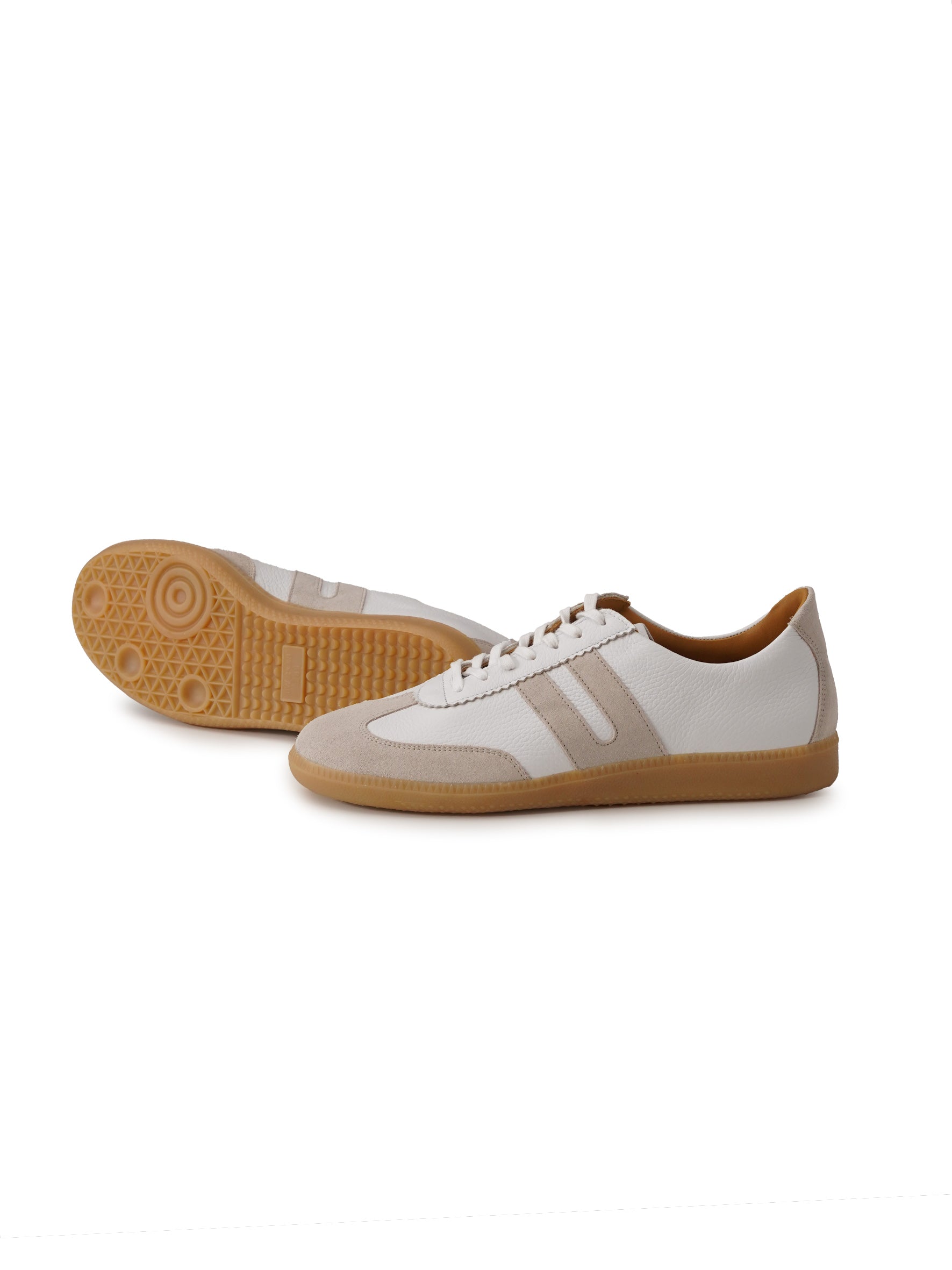 White sneaker with sand-colored velour details